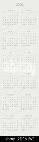 Monatskalender des Jahres 2025. Die Woche beginnt am Sonntag. Block von Monaten in zwei Spalten und sechs Reihen vertikale Anordnung. Schlichtes, dünnes minimalistisches Design. Vektorgrafik. Stock Vektor