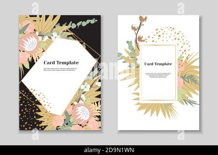 Set von 2 Boho greting Karten Vorlagen, zarte Pastell Farben, weißer Hintergrund. Goldener geometrischer Rahmen. Stock Vektor