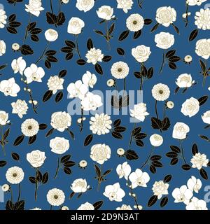 Schwarz-weiß florales Nahtloses Muster mit handgezeichneten Blumen auf blauem Hintergrund. vecto-Lager Stock Vektor