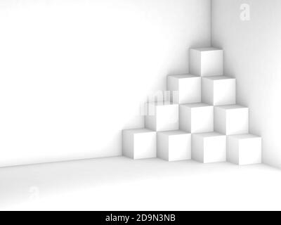 Abstrakter geometrischer Hintergrund mit weißen Würfel Installation in einer Ecke von weißen Raum, 3d-Rendering Illustration Stockfoto