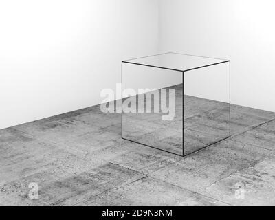 Mirror Cube steht auf Betonboden in einem weißen leeren Raum, abstrakte Installationskunst, 3d-Rendering-Illustration Stockfoto