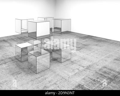 Spiegelwürfel befinden sich in einem weißen Raum mit grauem Betonboden, abstrakter Installationskunst, 3d-Rendering-Illustration Stockfoto