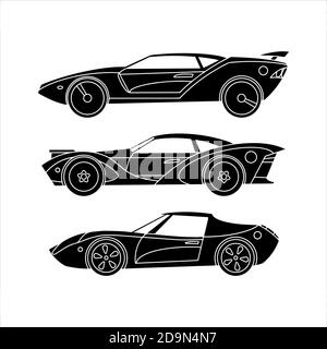 Satz von Sportwagen. Retro-Autos. Schwarze Silhouetten-Symbole. Stock Vektor