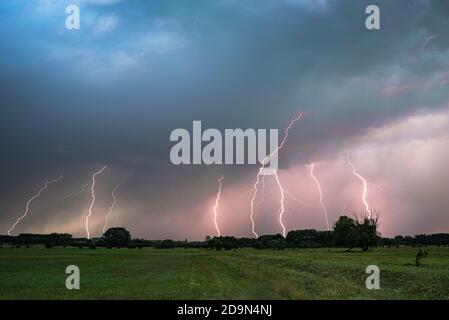 Blitze über der 'Puszta' oder ungarischen Ebene Im Abendlicht Stockfoto