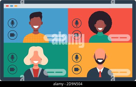 Web-Fenster mit verschiedenen Personen chatten per Videokonferenz auf Tablet. Lächelnde Männer und Frauen arbeiten und kommunizieren aus der Ferne. Team Meeting Vector illu Stock Vektor