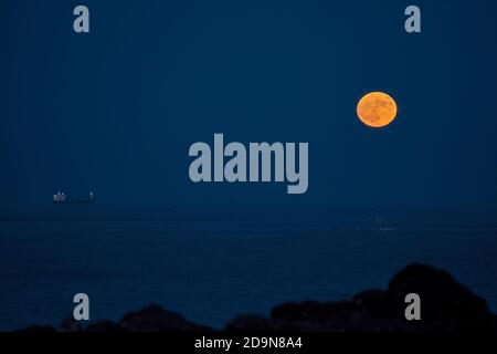 Vollmond und Mittelmeer an der Escollera de Castellon de la Plana, Valencia, Spanien, Europa Stockfoto