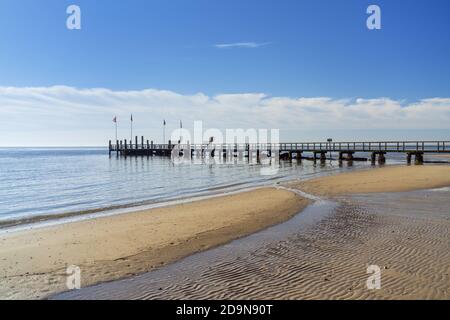 Pier in Wyk auf der Insel Föhr, Nordfriesische Inseln, Schleswig-Holstein, Norddeutschland, Deutschland, Europa Stockfoto