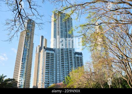 CABA, Buenos Aires / Argentinien; 4. Nov 2020: Wohngebäude in der modernsten Nachbarschaft der Stadt: Torres Mulieris, Château Puerto Madero Stockfoto