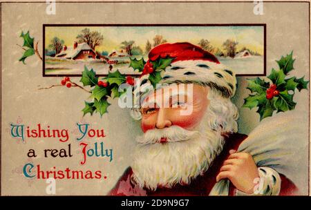 "Wishing you a Real Jolly Christmas" Vintage Weihnachtsmann Weihnachtsgruß aus den frühen 1900er Jahren gedruckt in Deutschland. Stockfoto