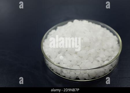 Selektiver Fokus von Natrium- oder Kaliumhydroxid-weißen chemischen Verbindungen Pellets oder Prills in einer Petrischale auf schwarzem Hintergrund. Stockfoto