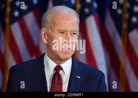 Demokratische Präsidentschaftskandidat, der ehemalige Vizepräsident Joe Biden liefert Erläuterungen zu den jüngsten Aktionen der Trumpf Verwaltung im Irak am 7. Januar 2007 Stockfoto