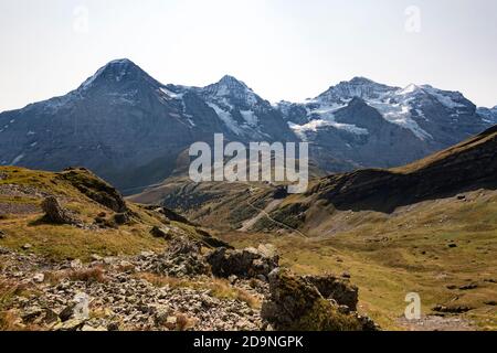 Schweiz, Kanton Bern, Berner Oberland, Grindelwald, Wengen, Aufstieg nach Tschuggen mit Blick auf Eiger, Mönch, Jungfraujoch, Top of Europe, Jungfrau, kleine Scheidegg Stockfoto