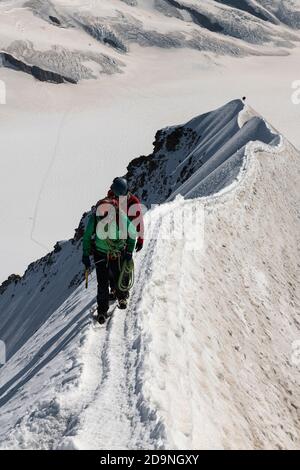 Schweiz, Kanton Bern, Berner Oberland, Bergsteiger auf dem Gipfelgrat beim Aufstieg zum Mönch, im Hintergrund Ewigschneefäld Stockfoto