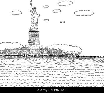 Freiheitsstatue auf der Insel im hafen von nyc Vektorgrafik Skizze Doodle Hand gezeichnet mit schwarzen Linien isoliert auf weiß Hintergrund Stock Vektor