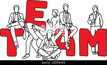 Geschäftsleute mit dem großen Wort TEAM Vektor Illustration Skizze Doodle Hand gezeichnet mit schwarzen Linien isoliert auf weißem Hintergrund. Teamwork Business Co Stock Vektor