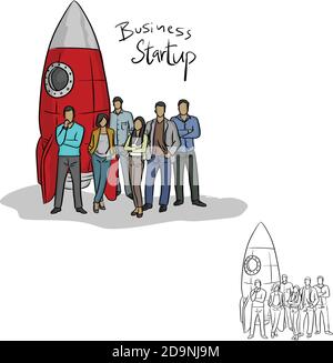 Geschäftsleute stehen bei einer Rakete Vektor Illustration Skizze Doodle Hand gezeichnet mit schwarzen Linien isoliert auf weißem Hintergrund. Startup Business Conce Stock Vektor