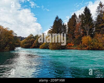 Ein blauer Fluss, umgeben von grünen dichten Bäumen unter dem Himmel Stockfoto