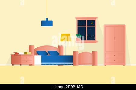 Schlafzimmer Innenarchitektur mit Fenster und Pflanze im Raum.Vektor und Illustration. Stock Vektor