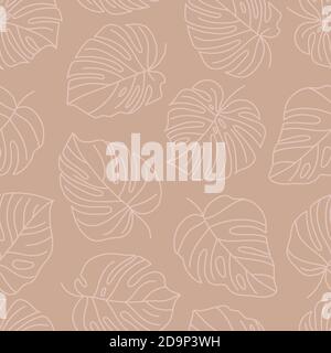 Tropisches Monstera Blätter Nahtloses Muster. Vector floralen Hintergrund in einem trendigen minimalistischen linearen Stil in rosa Pastellfarben für den Druck von Verpackungen Stock Vektor