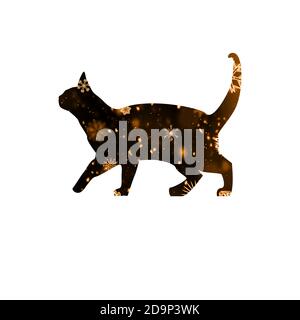 Niedliche Wanderwinterkatze, in schwarz und orange Farben mit Schneeflocke Textur auf weißem Hintergrund. Happy Fall Katze Illustration. Stockfoto