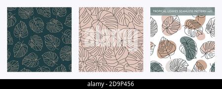 Set von tropischen Monstera Blätter Nahtloses Muster. Vector floralen Hintergrund in einem trendigen minimalistischen linearen Stil in Pastellfarben für den Druck von Packagi Stock Vektor