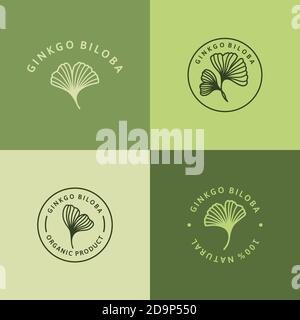 Set von Ginkgo Biloba Blatt grüne Abzeichen und Symbol in trendigen linearen Stil - Vektor rund Logo von Gingko 100 Prozent natürlich. Vorlage für Verpackung Kosmetik Stock Vektor
