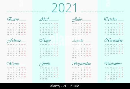 Spanische Kalendervorlage für 2021. 12 Monate. Horizontal Stock Vektor