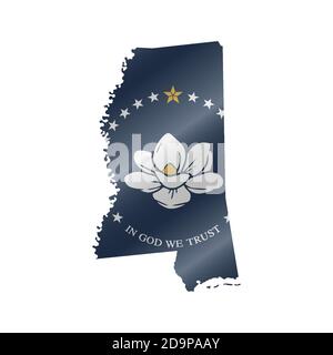 Karte mit wehender Flagge von Mississippi. Neue Magnolienflagge. Vektorgrafik Stock Vektor