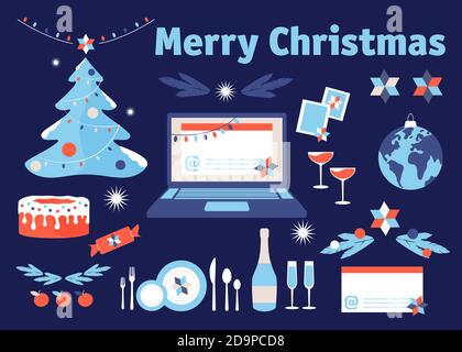 2021 Frohe Weihnachten Online-Chat, Vektor-Illustration-Set. Laptop, Notebook, Baum, Wein, Kuchen, candie, Postkarte. Xmas flaches Design grafische Elemente, für Stock Vektor