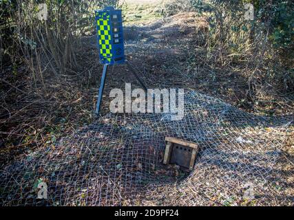 Räumung von Dachsen Räumung des Dachsbaus mit Metallzäunung und Einwegausfahrtstoren, Teil des HS2 Projektes in der Nähe von Kenilworth, Warwickshire, England, - November 2020. Armadillo VideoGuard Überwachungsroboter verwendet, um Ort zu beobachten und zu erkennen Demonstranten Stockfoto