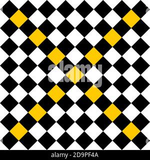 Diagonale Schachbrettdarstellung in schwarz, weiß und gelb. Stockfoto