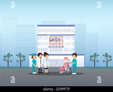 Krebs-Krankenhaus mit medizinischem Personal flaches Design Vektor Illustration Stock Vektor