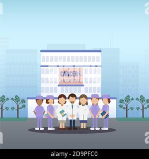 Krebs-Krankenhaus mit medizinischem Personal flaches Design Vektor Illustration Stock Vektor