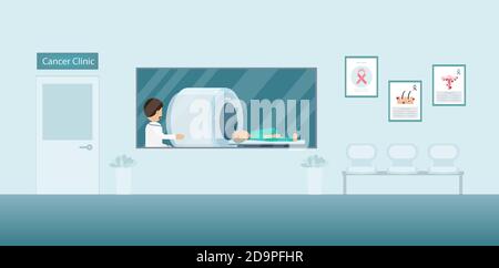 Krebs Klinik Innenraum mit Arzt und Patient in CT-Scan Maschine flach Design Vektor Illustration Stock Vektor