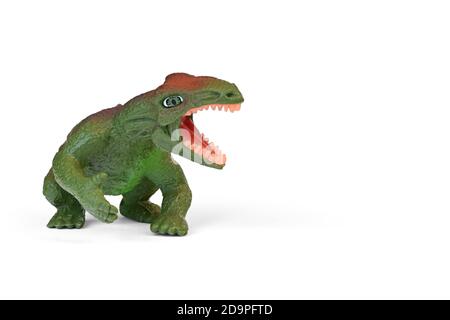 Dinosaurier Plastikspielzeug. Kinderspielzeug, Tierfigur isoliert auf weißem Hintergrund mit Kopierraum. Stockfoto