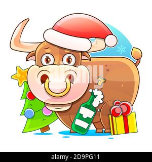 Symbol des Jahres, Stier, schmückt den Weihnachtsbaum. Postkarte. Mit der Inschrift im glücklichen neuen Jahr Stock Vektor