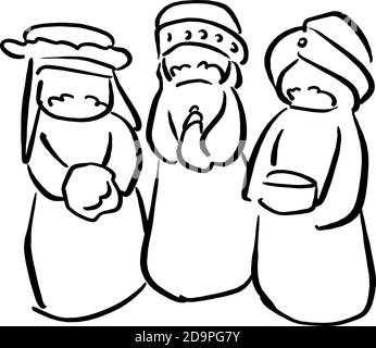 Drei Könige von Bethlehem Krippe Konzept Vektor Illustration Skizze Doodle Handgezeichnet mit schwarzen Linien isoliert auf weißem Hintergrund Stock Vektor
