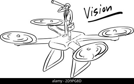 Geschäftsmann steht auf Drohne mit Teleskop Vektor Illustration Skizze Doodle Hand gezeichnet mit schwarzen Linien isoliert auf weißem Hintergrund. Vision Bus Stock Vektor