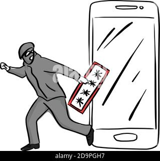 Dieb oder Hacker verwenden Schlüssel in Smartphone Vektor Illustration Skizze Doodle Hand mit schwarzen Linien isoliert auf weißem Hintergrund hacken. Hacker und Stock Vektor