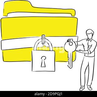 Geschäftsmann mit einem Schlüssel der gesperrten Ordner Vektor-Illustration Skizze Doodle Hand gezeichnet mit schwarzen Linien isoliert auf weiß Hintergrund Stock Vektor