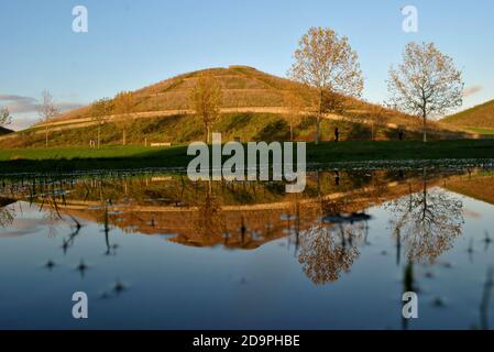 Herbstansicht eines der Northala Fields, Northolt, West London, reflektiert in einer Pfütze, mit Farben der Saison & blattlosen Bäumen. Stockfoto