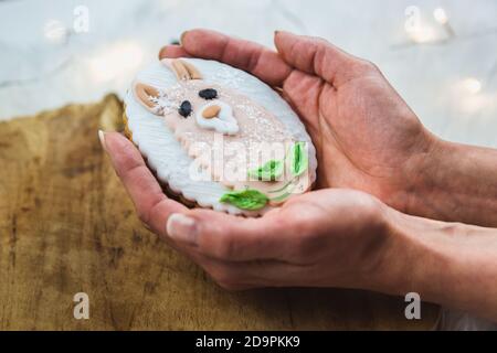 Zwei handbemalte Lebkuchen auf einem hölzernen Hintergrund. Die niedlichen Ilama-Formen sind auf den Lebkuchen gemalt. Nahaufnahme. Stockfoto