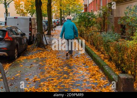 Ältere Frau auf einem nassen Gehweg, Frau auf einem nassen Laub überdachten Gehweg, Herbst, nass, Gefahr Stockfoto