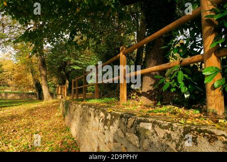 Steinmauer in Perspektive in einem Park mit Holzzäunen an der Spitze. Vegetation und Bäume im Hintergrund. Stockfoto