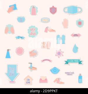 Icon Set von covid19 Pandemie Sticker mit Hintergrund rosa Stock Vektor