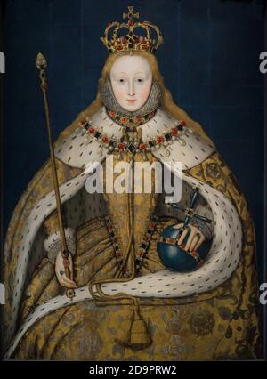 Königin Elisabeth I. von England (1533-1603. Porträt eines unbekannten englischen Künstlers. Dieses Gemälde ist als "das Krönungs-Porträt" bekannt. Elizabeth ist gekrönt dargestellt, trägt das Tuch aus Gold, das sie bei ihrer Krönung am 15. Januar 1559 trug. Öl auf Platte, c. 1600. National Portrait Gallery. London, England, Vereinigtes Königreich. Stockfoto