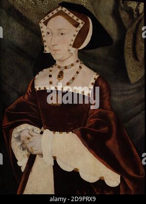 Jane Seymour (1509-1537). Königin von England (1536-1537) als dritte Frau Heinrich VIII. Hochformat. Werkstatt von Hans Holbein dem Jüngeren. Öl auf Platte (64 x 48 cm), c. 1540. National Portrait Gallery. London, England, Vereinigtes Königreich. Stockfoto