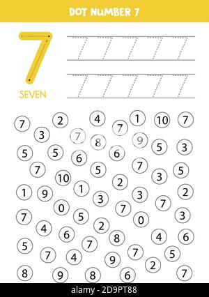 Punkt oder Farbe alle Zahlen 7. Lernspiel. Stock Vektor