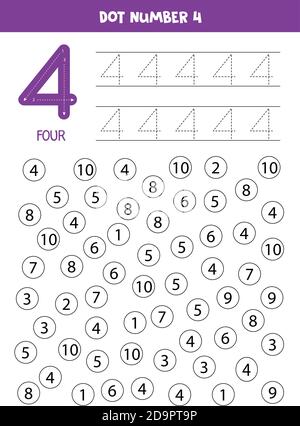 Punkt oder Farbe alle Zahlen 4. Lernspiel. Stock Vektor