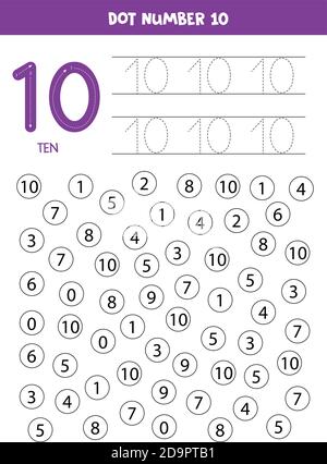 Punkt oder Farbe alle Zahlen 10. Lernspiel. Stock Vektor